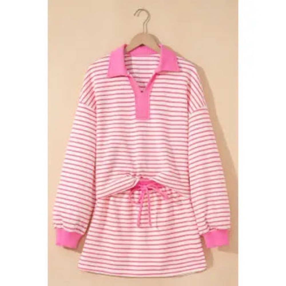 LA Society Pink Striped Collared V Neck Pullover and Skirt Set